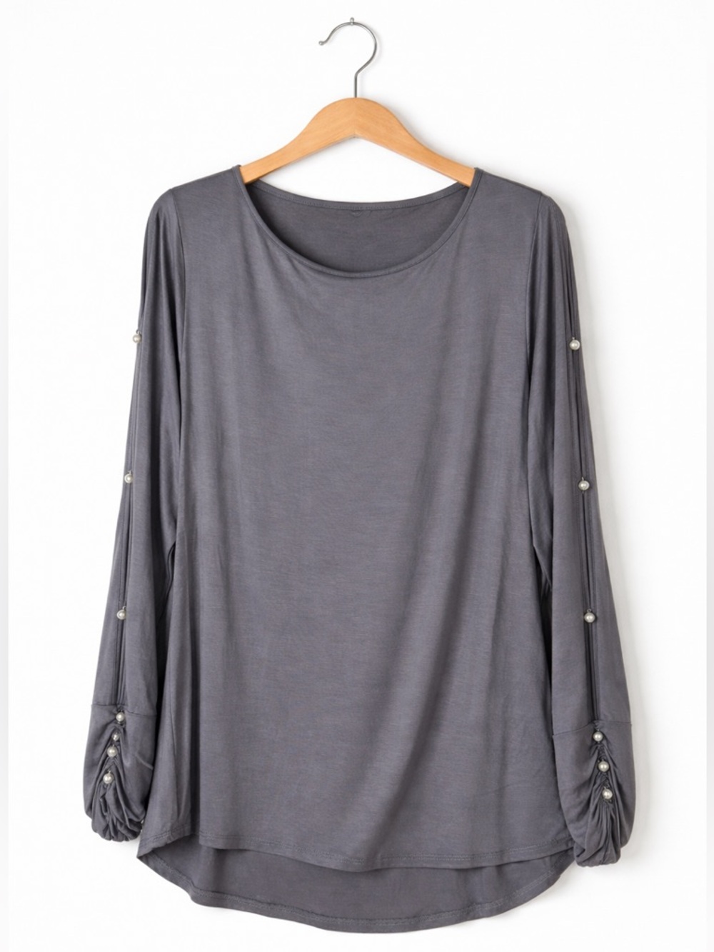 Neiman Marcus Gray Long Sleeve Top with Pearl Sleeve Accents Large Dressy Blouse